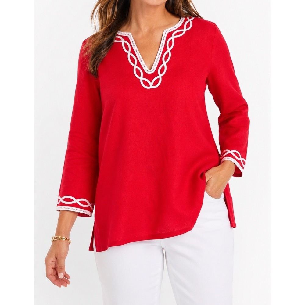 Talbots 1X 100% Linen Red White Trim Tunic Top Split V-Neck Coastal Classic